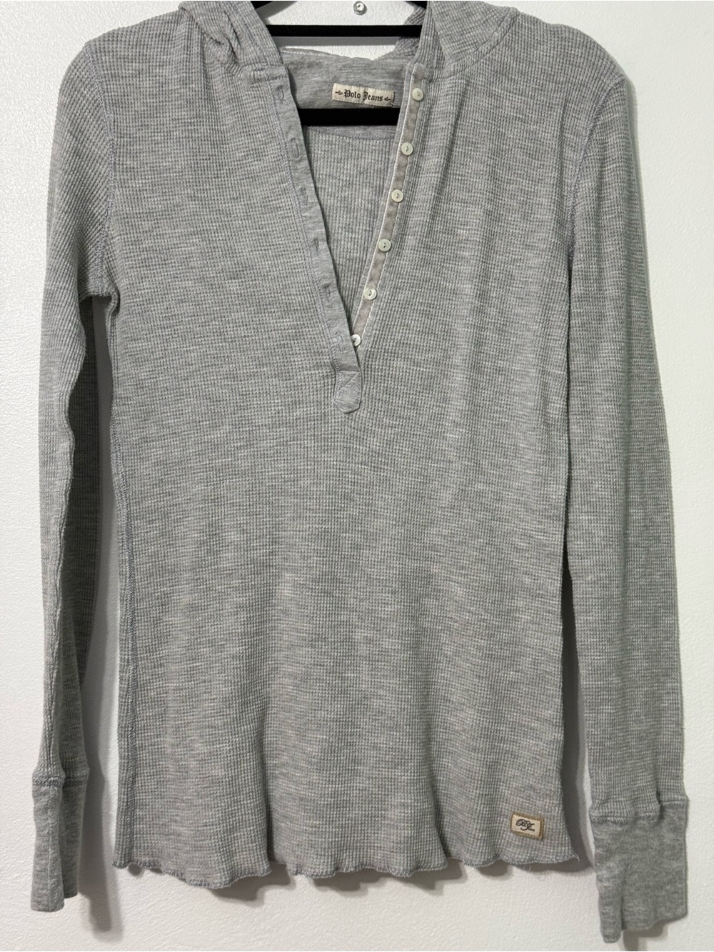 vintage Polo Jeans Co. Ralph Lauren gray waffle-knit thermal henley hoodie Y2K